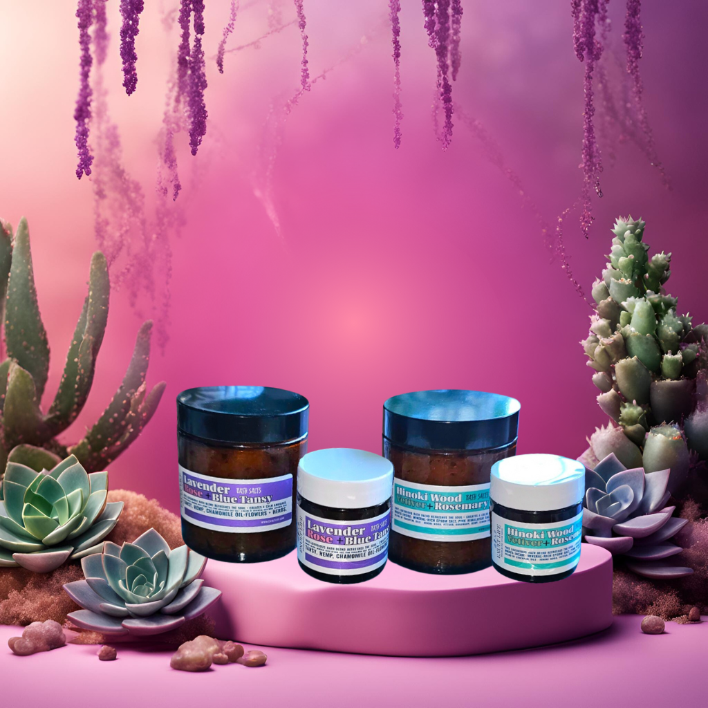 a visual of the exult life bath salt soak collection. try both for an uplifting and healing bath time ritual experience. 